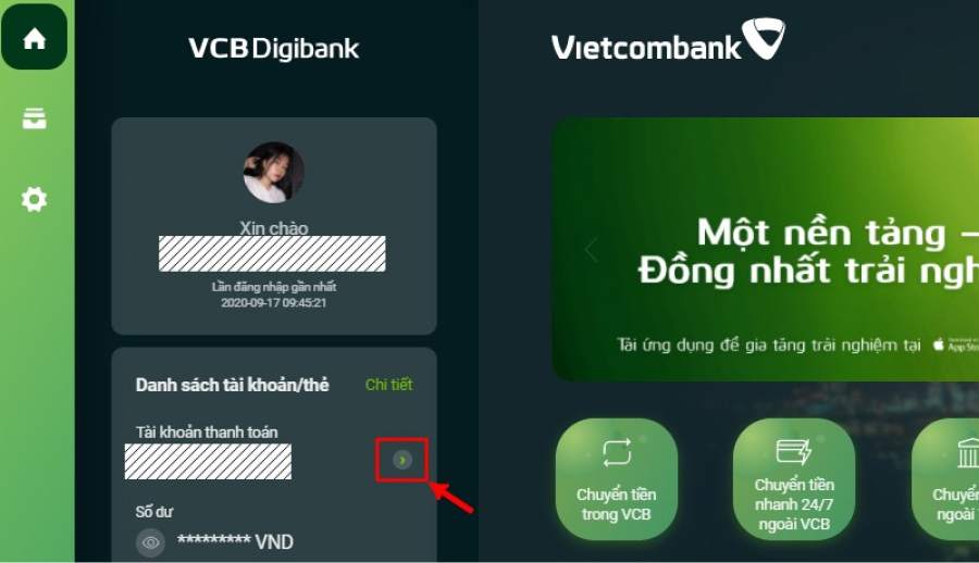 Chọn nút “>” để kiểm tra số tài khoản người gửi Vietcombank
