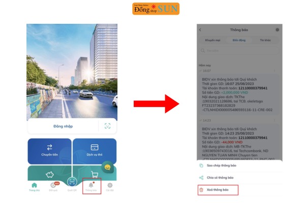 Xóa thông báo lịch sử giao dịch trên ứng dụng BIDV